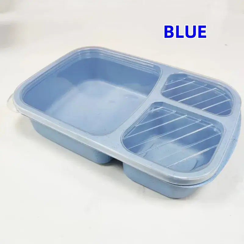 Light blue pastel wheat straw bento box set with clear lid and three compartments for kitchen lunch use
