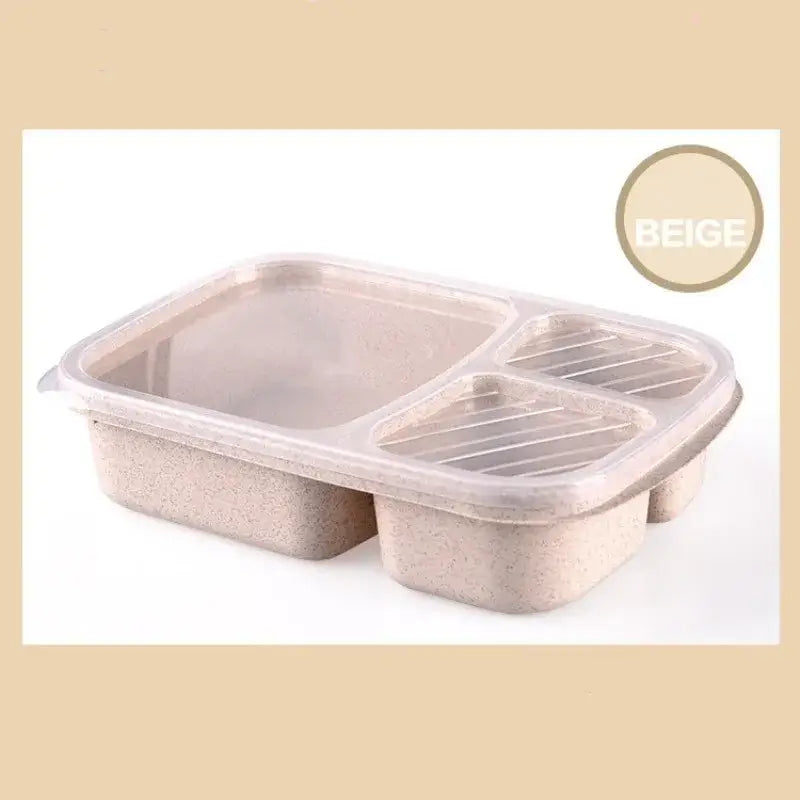 Beige pastel wheat straw bento box set with three compartments and a clear lid featuring a textured interior