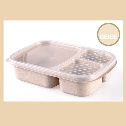 Beige pastel wheat straw bento box set with three compartments and a clear lid featuring a textured interior