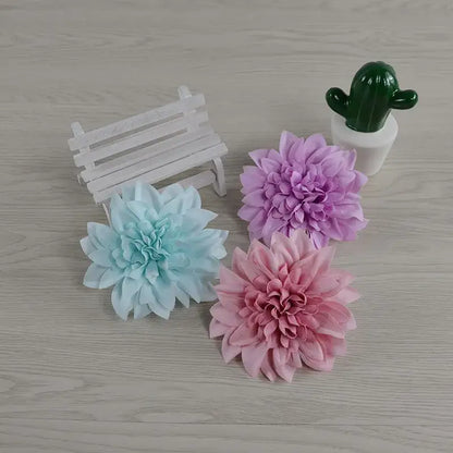 Pastel woolen chrysanthemum wreath bouquet with three fabric dahlia flowers in light blue lavender and pink layers
