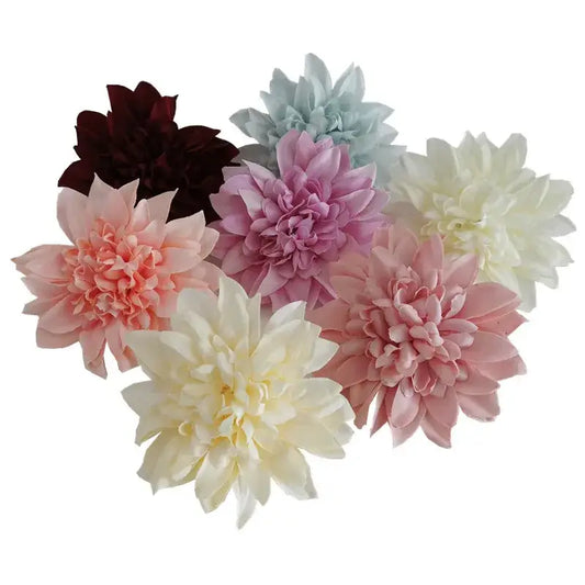 Pastel woolen chrysanthemum wreath bouquet with artificial dahlia flowers in blush pink cream lavender and dusty rose