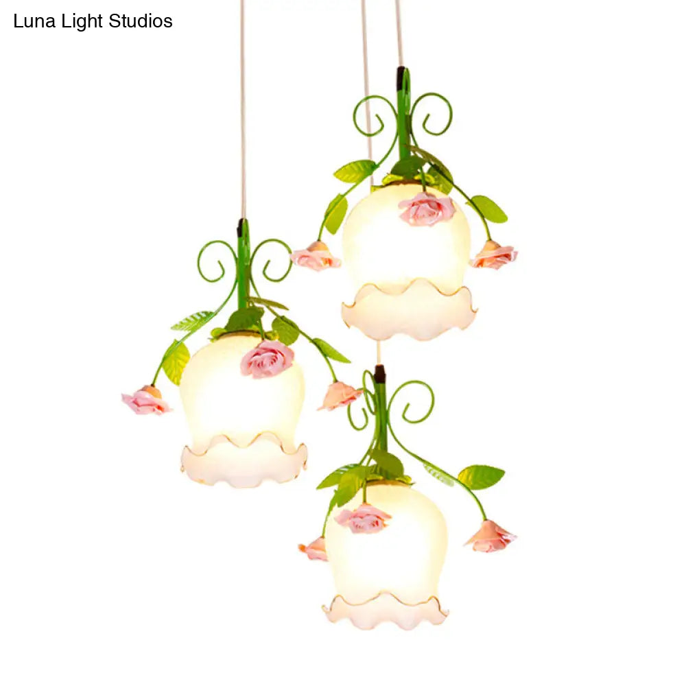 Pastoral 3-Head Pendant Floral White Glass Cluster Light for Dining Room Ceiling