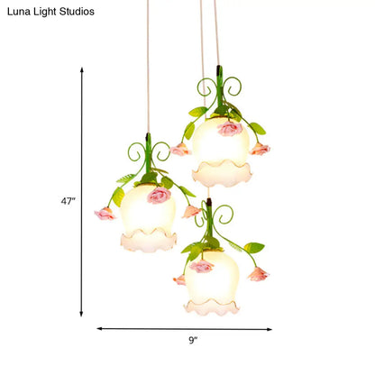 Pastoral 3-Head Pendant Floral White Glass Cluster Light for Dining Room Ceiling