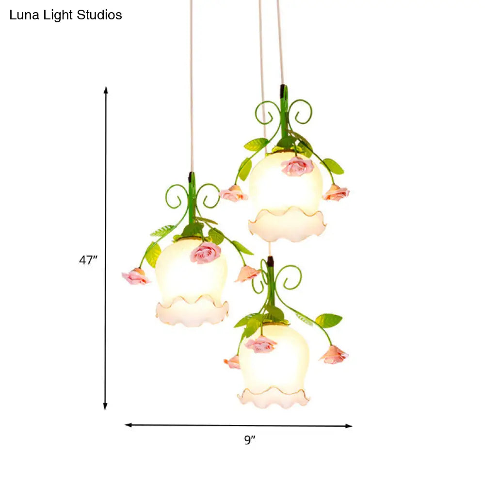 Pastoral 3-Head Pendant Floral White Glass Cluster Light for Dining Room Ceiling