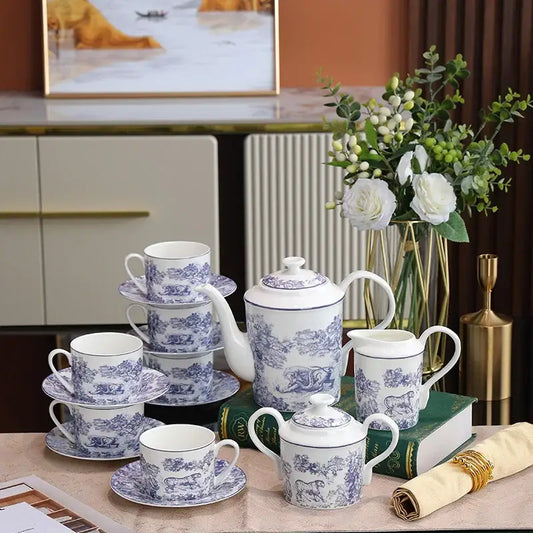 Pastoral blue and white porcelain tea set with intricate pastoral scene designs by decorbites jungle lion bone for dining room