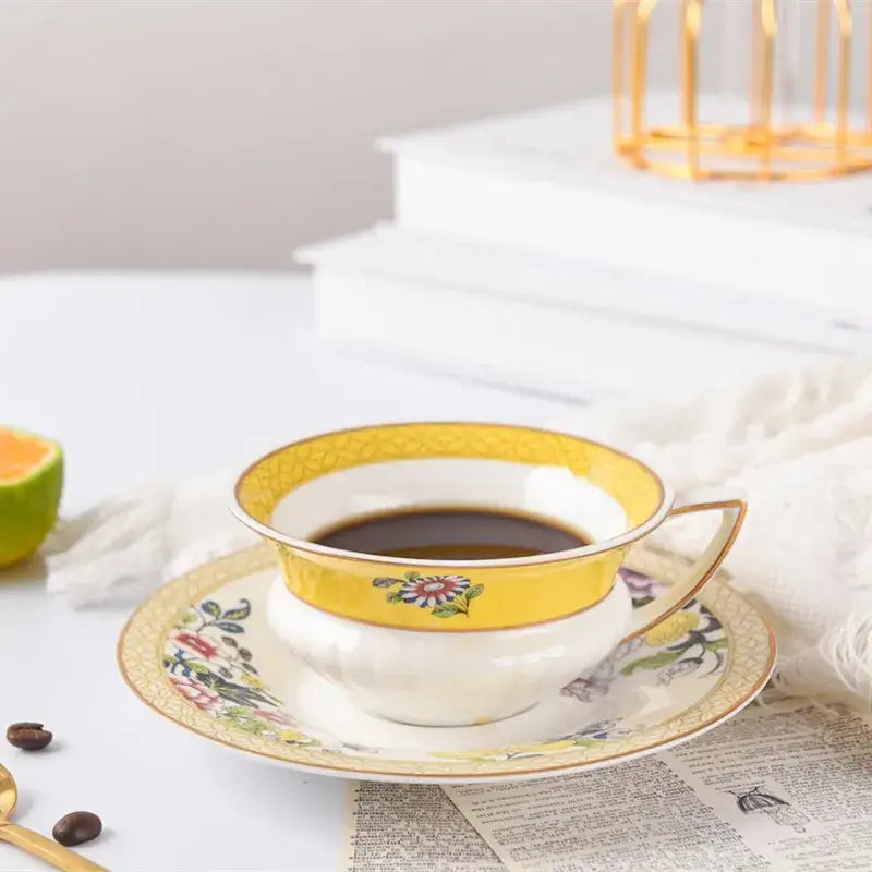 Elegant pastel floral bone china flower coffee cup and saucers with yellow band and gold trim for tea time dining set