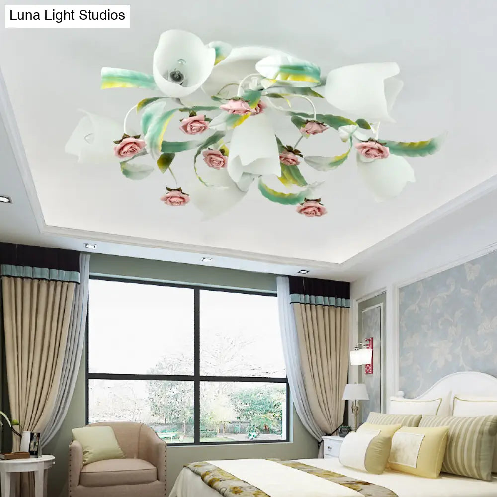 DecorBites™ DecorBites™ Pastoral Frost Glass Floral Ceiling Mount Chandelier: White Semi Flush Mount Lighting for Bedroom