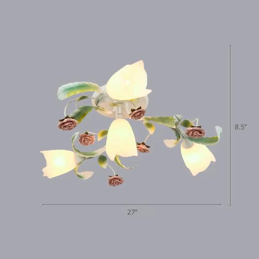 DecorBites™ DecorBites™ Pastoral Frost Glass Floral Ceiling Mount Chandelier: White Semi Flush Mount Lighting for Bedroom