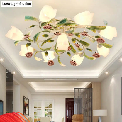 DecorBites™ DecorBites™ Pastoral Frost Glass Floral Ceiling Mount Chandelier: White Semi Flush Mount Lighting for Bedroom