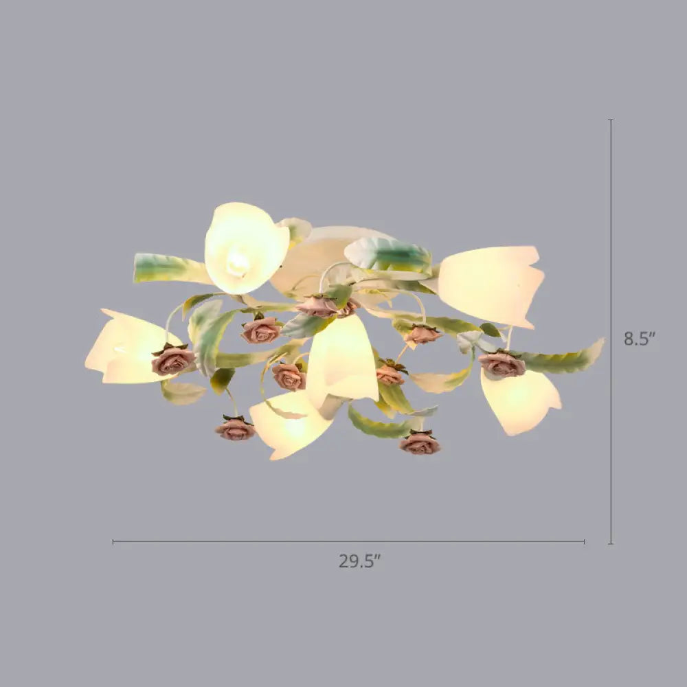DecorBites™ DecorBites™ Pastoral Frost Glass Floral Ceiling Mount Chandelier: White Semi Flush Mount Lighting for Bedroom