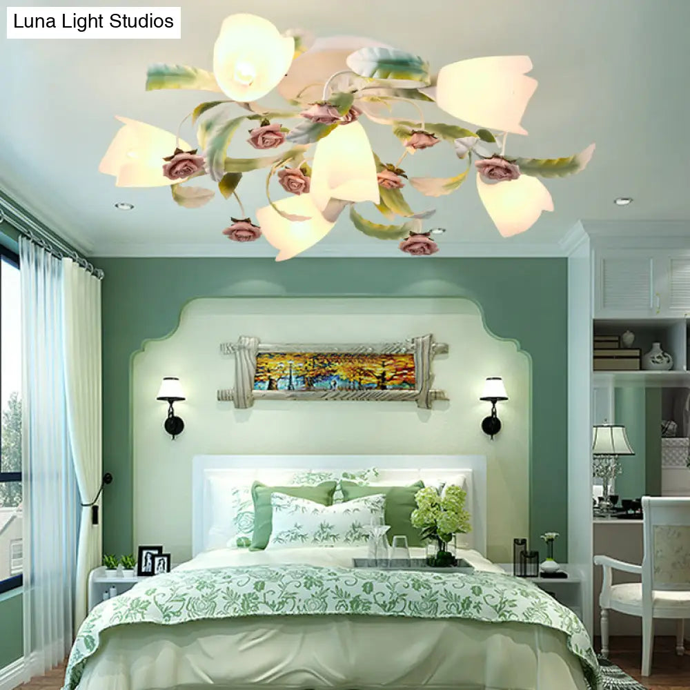 DecorBites™ DecorBites™ Pastoral Frost Glass Floral Ceiling Mount Chandelier: White Semi Flush Mount Lighting for Bedroom