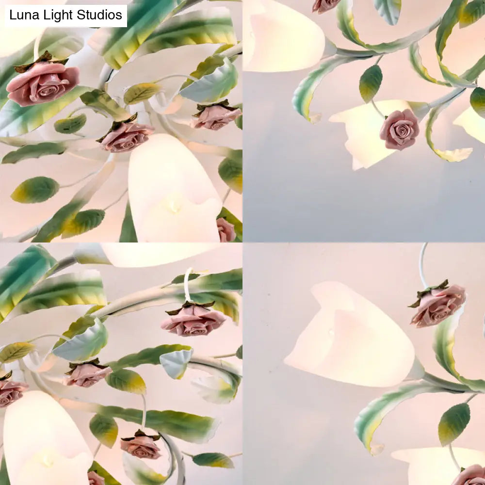 DecorBites™ DecorBites™ Pastoral Frost Glass Floral Ceiling Mount Chandelier: White Semi Flush Mount Lighting for Bedroom