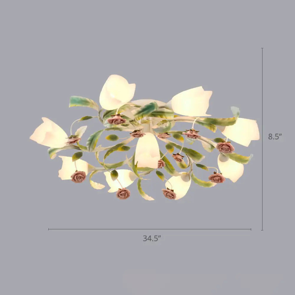 DecorBites™ DecorBites™ Pastoral Frost Glass Floral Ceiling Mount Chandelier: White Semi Flush Mount Lighting for Bedroom