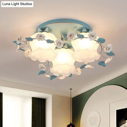 DecorBites™ DecorBites™ Pastoral Half-Open Flower Ceiling Lamp - 3/5-Light Semi Mount Lighting with Frosted Glass & Rose Wreath