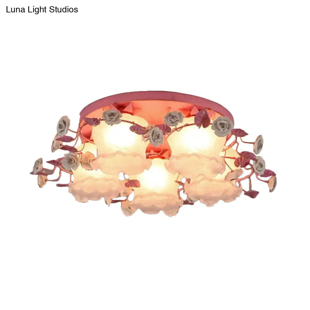 DecorBites™ DecorBites™ Pastoral Half-Open Flower Ceiling Lamp - 3/5-Light Semi Mount Lighting with Frosted Glass & Rose Wreath