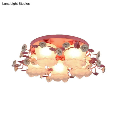 DecorBites™ DecorBites™ Pastoral Half-Open Flower Ceiling Lamp - 3/5-Light Semi Mount Lighting with Frosted Glass & Rose Wreath