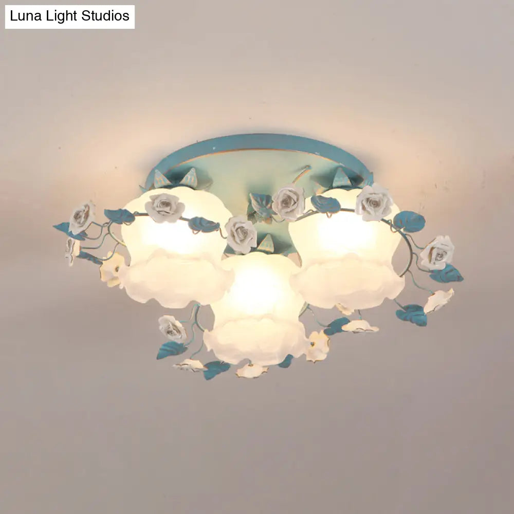 DecorBites™ DecorBites™ Pastoral Half-Open Flower Ceiling Lamp - 3/5-Light Semi Mount Lighting with Frosted Glass & Rose Wreath