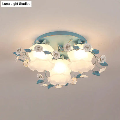 DecorBites™ DecorBites™ Pastoral Half-Open Flower Ceiling Lamp - 3/5-Light Semi Mount Lighting with Frosted Glass & Rose Wreath