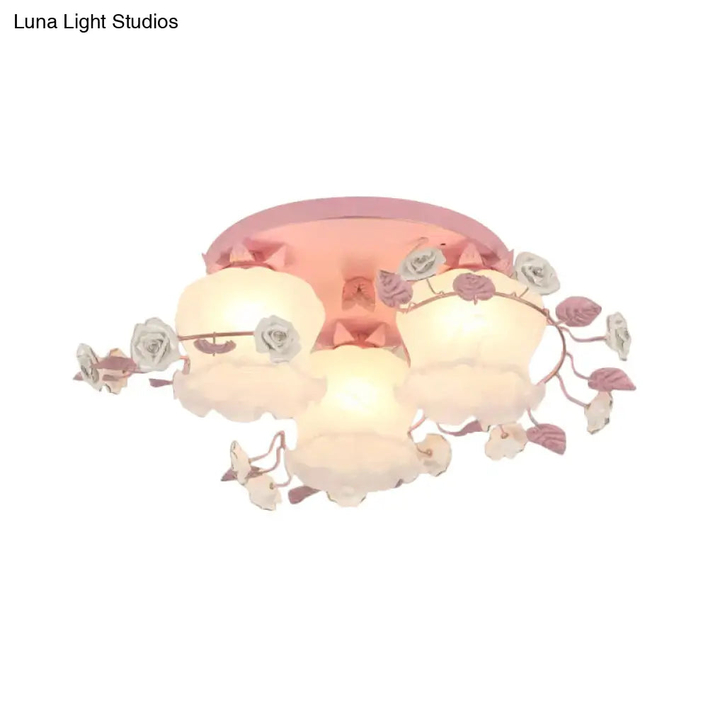 DecorBites™ DecorBites™ Pastoral Half-Open Flower Ceiling Lamp - 3/5-Light Semi Mount Lighting with Frosted Glass & Rose Wreath
