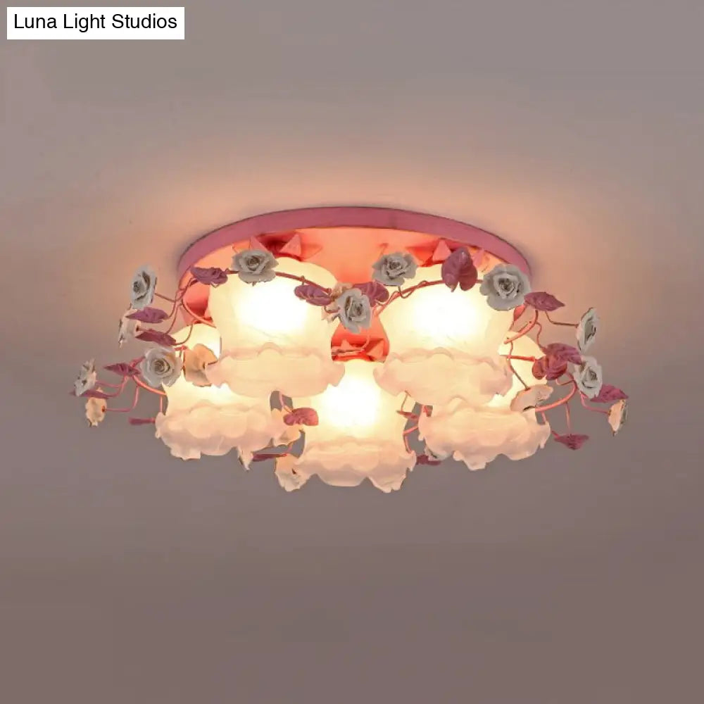 DecorBites™ DecorBites™ Pastoral Half-Open Flower Ceiling Lamp - 3/5-Light Semi Mount Lighting with Frosted Glass & Rose Wreath