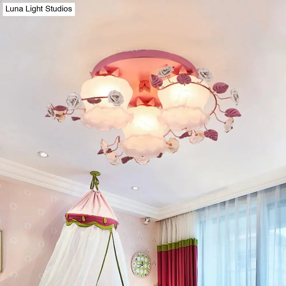 DecorBites™ DecorBites™ Pastoral Half-Open Flower Ceiling Lamp - 3/5-Light Semi Mount Lighting with Frosted Glass & Rose Wreath