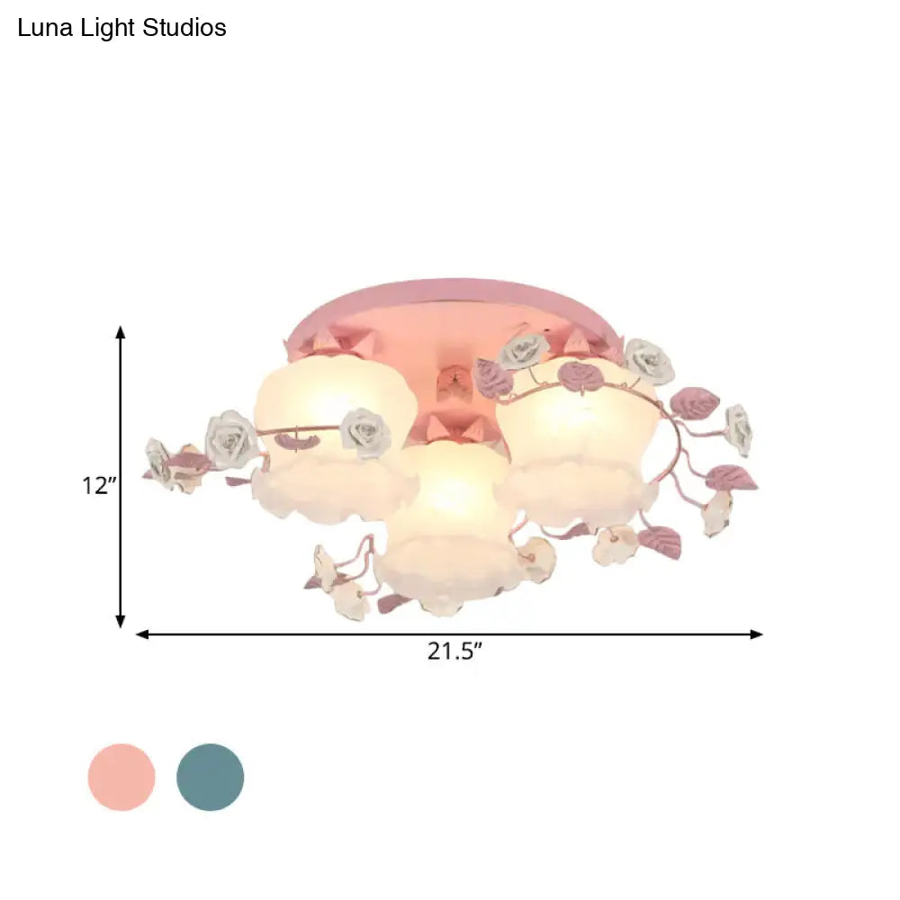 DecorBites™ DecorBites™ Pastoral Half-Open Flower Ceiling Lamp - 3/5-Light Semi Mount Lighting with Frosted Glass & Rose Wreath