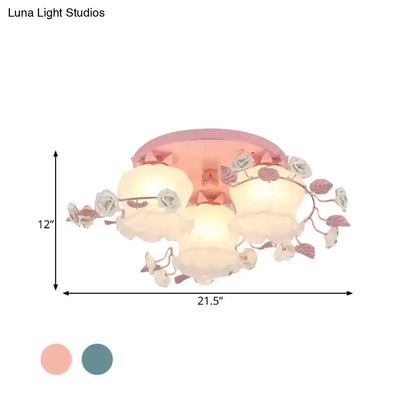 DecorBites™ DecorBites™ Pastoral Half-Open Flower Ceiling Lamp - 3/5-Light Semi Mount Lighting with Frosted Glass & Rose Wreath
