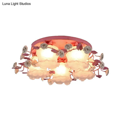 DecorBites™ DecorBites™ Pastoral Half-Open Flower Ceiling Lamp - 3/5-Light Semi Mount Lighting with Frosted Glass & Rose Wreath
