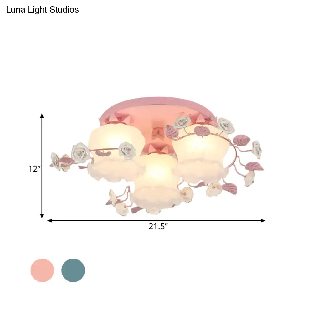 DecorBites™ DecorBites™ Pastoral Half-Open Flower Ceiling Lamp - 3/5-Light Semi Mount Lighting with Frosted Glass & Rose Wreath