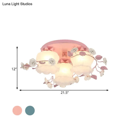 DecorBites™ DecorBites™ Pastoral Half-Open Flower Ceiling Lamp - 3/5-Light Semi Mount Lighting with Frosted Glass & Rose Wreath
