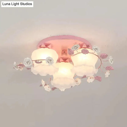 DecorBites™ DecorBites™ Pastoral Half-Open Flower Ceiling Lamp - 3/5-Light Semi Mount Lighting with Frosted Glass & Rose Wreath