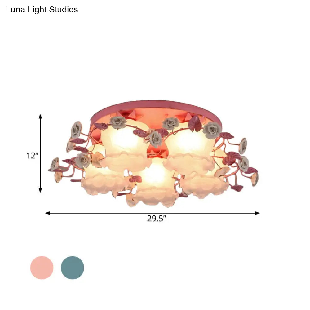 DecorBites™ DecorBites™ Pastoral Half-Open Flower Ceiling Lamp - 3/5-Light Semi Mount Lighting with Frosted Glass & Rose Wreath