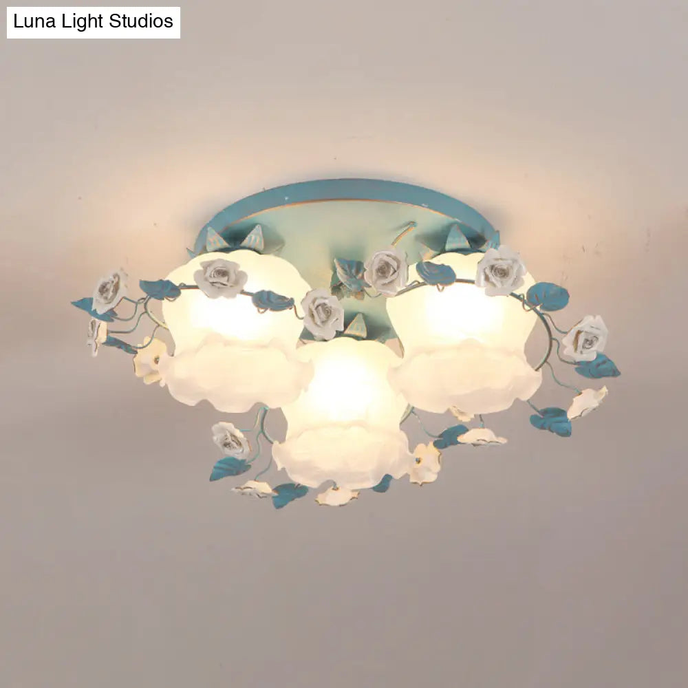 DecorBites™ DecorBites™ Pastoral Half-Open Flower Ceiling Lamp - 3/5-Light Semi Mount Lighting with Frosted Glass & Rose Wreath