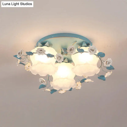 DecorBites™ DecorBites™ Pastoral Half-Open Flower Ceiling Lamp - 3/5-Light Semi Mount Lighting with Frosted Glass & Rose Wreath