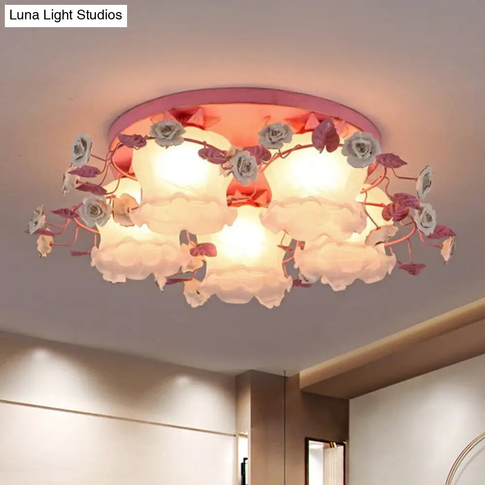 DecorBites™ DecorBites™ Pastoral Half-Open Flower Ceiling Lamp - 3/5-Light Semi Mount Lighting with Frosted Glass & Rose Wreath