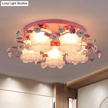 DecorBites™ DecorBites™ Pastoral Half-Open Flower Ceiling Lamp - 3/5-Light Semi Mount Lighting with Frosted Glass & Rose Wreath