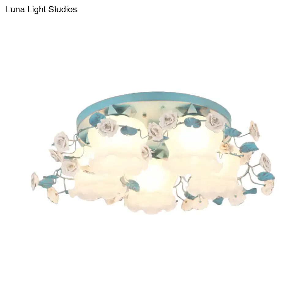 DecorBites™ DecorBites™ Pastoral Half-Open Flower Ceiling Lamp - 3/5-Light Semi Mount Lighting with Frosted Glass & Rose Wreath