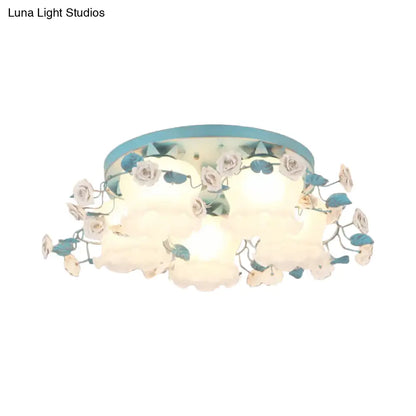 DecorBites™ DecorBites™ Pastoral Half-Open Flower Ceiling Lamp - 3/5-Light Semi Mount Lighting with Frosted Glass & Rose Wreath