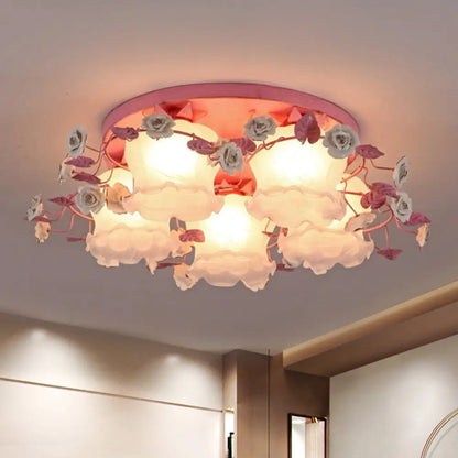 DecorBites™ DecorBites™ Pastoral Half-Open Flower Ceiling Lamp - 3/5-Light Semi Mount Lighting with Frosted Glass & Rose Wreath