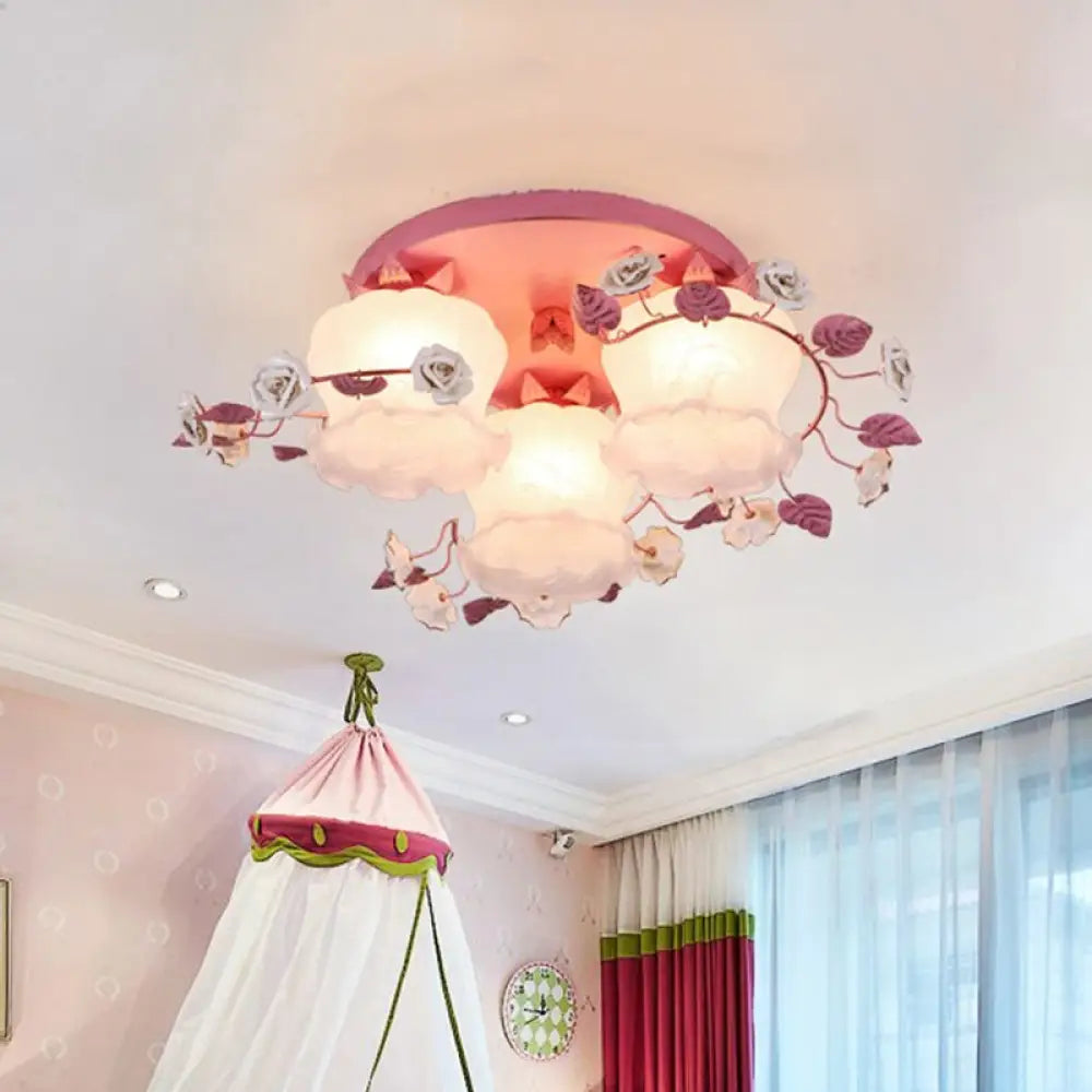DecorBites™ DecorBites™ Pastoral Half-Open Flower Ceiling Lamp - 3/5-Light Semi Mount Lighting with Frosted Glass & Rose Wreath