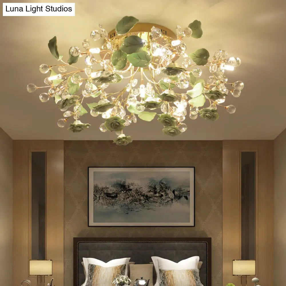 DecorBites™ DecorBites™ Pastoral Living Room Rose Ceramic Semi-Flush Ceiling Light with Decorative Crystal Accents