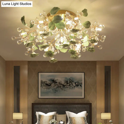 DecorBites™ DecorBites™ Pastoral Living Room Rose Ceramic Semi-Flush Ceiling Light with Decorative Crystal Accents
