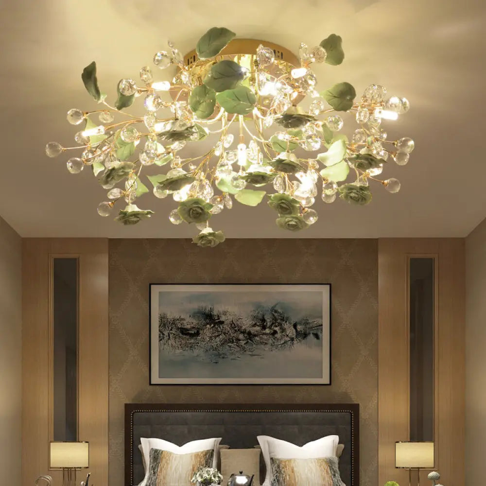 DecorBites™ DecorBites™ Pastoral Living Room Rose Ceramic Semi-Flush Ceiling Light with Decorative Crystal Accents