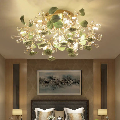 DecorBites™ DecorBites™ Pastoral Living Room Rose Ceramic Semi-Flush Ceiling Light with Decorative Crystal Accents