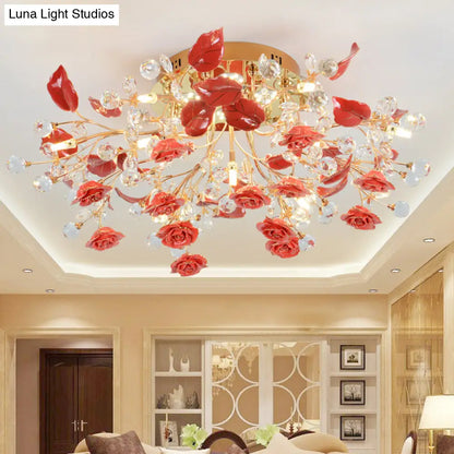 DecorBites™ DecorBites™ Pastoral Living Room Rose Ceramic Semi-Flush Ceiling Light with Decorative Crystal Accents