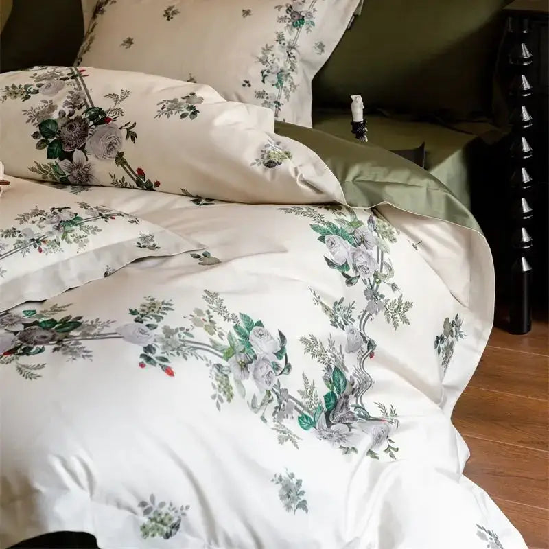 Cream-colored satin bedding set with elegant botanical print in a pastoral olive green and beige 1000tc egyptian cotton set