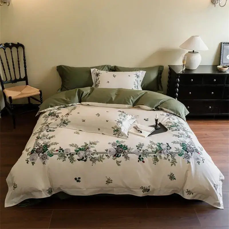 Pastoral olive green and beige floral bedding set in 1000tc egyptian cotton with a smooth vintage style for bedroom use