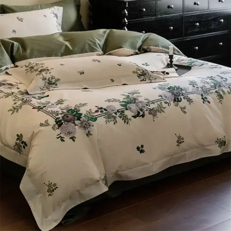 Cream-colored duvet cover with elegant floral pattern in muted greens gray and soft purples from 1000tc egyptian cotton bedding set