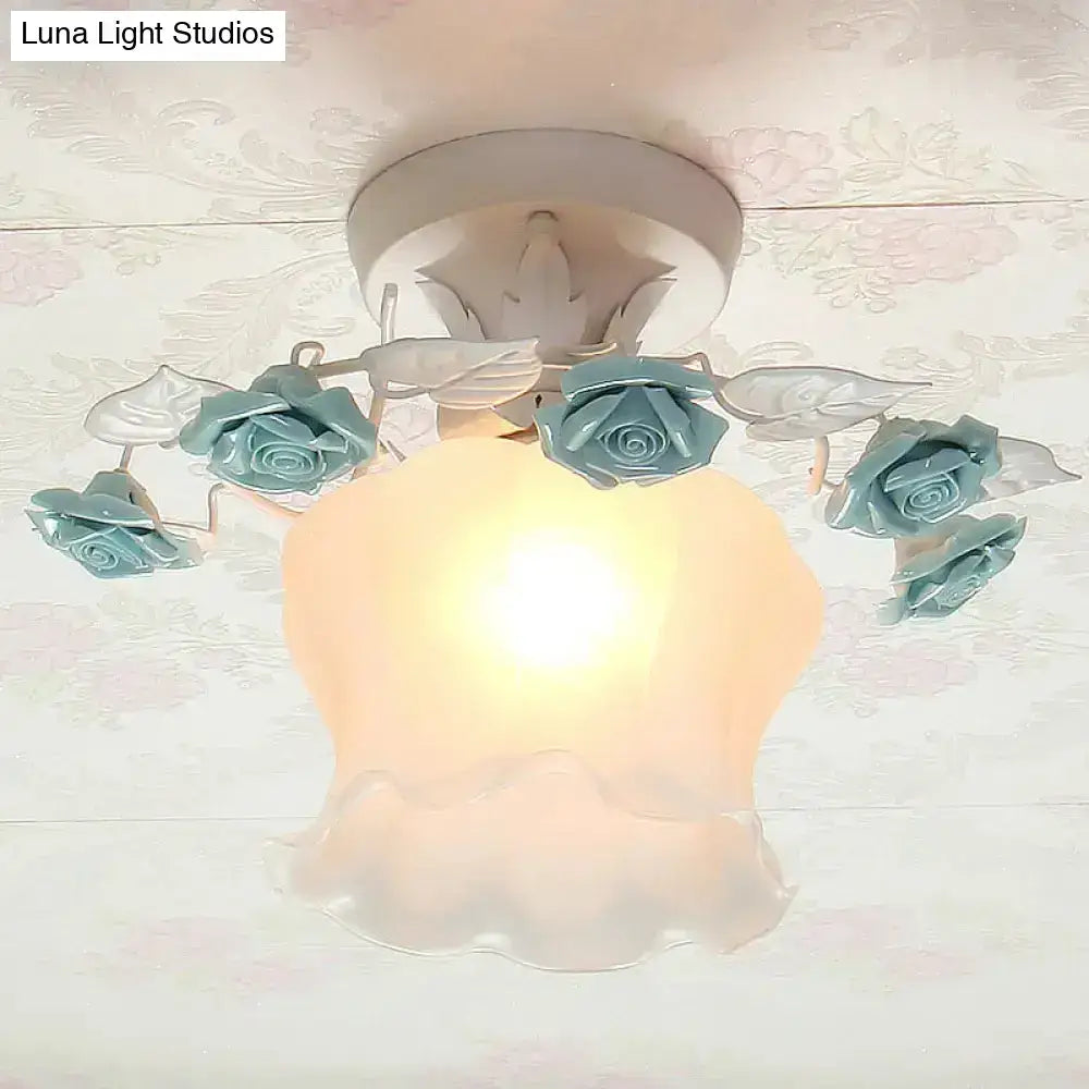 DecorBites pastel style glass semi flush ceiling light with teal rose ornaments and peach shade for dining room ceiling