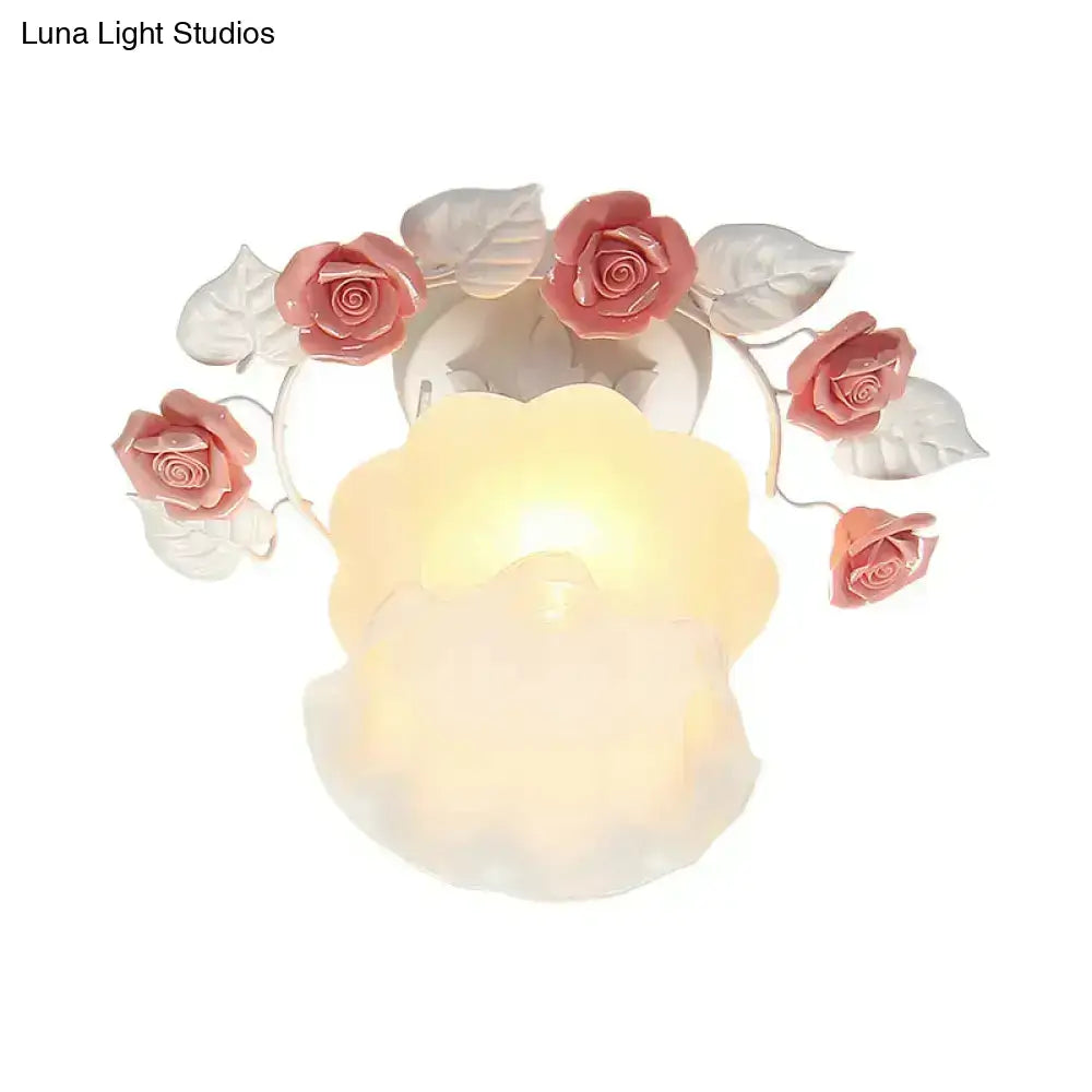 DecorBites pastoral style pink white glass semi flush ceiling light with rose blossoms for dining room ceiling
